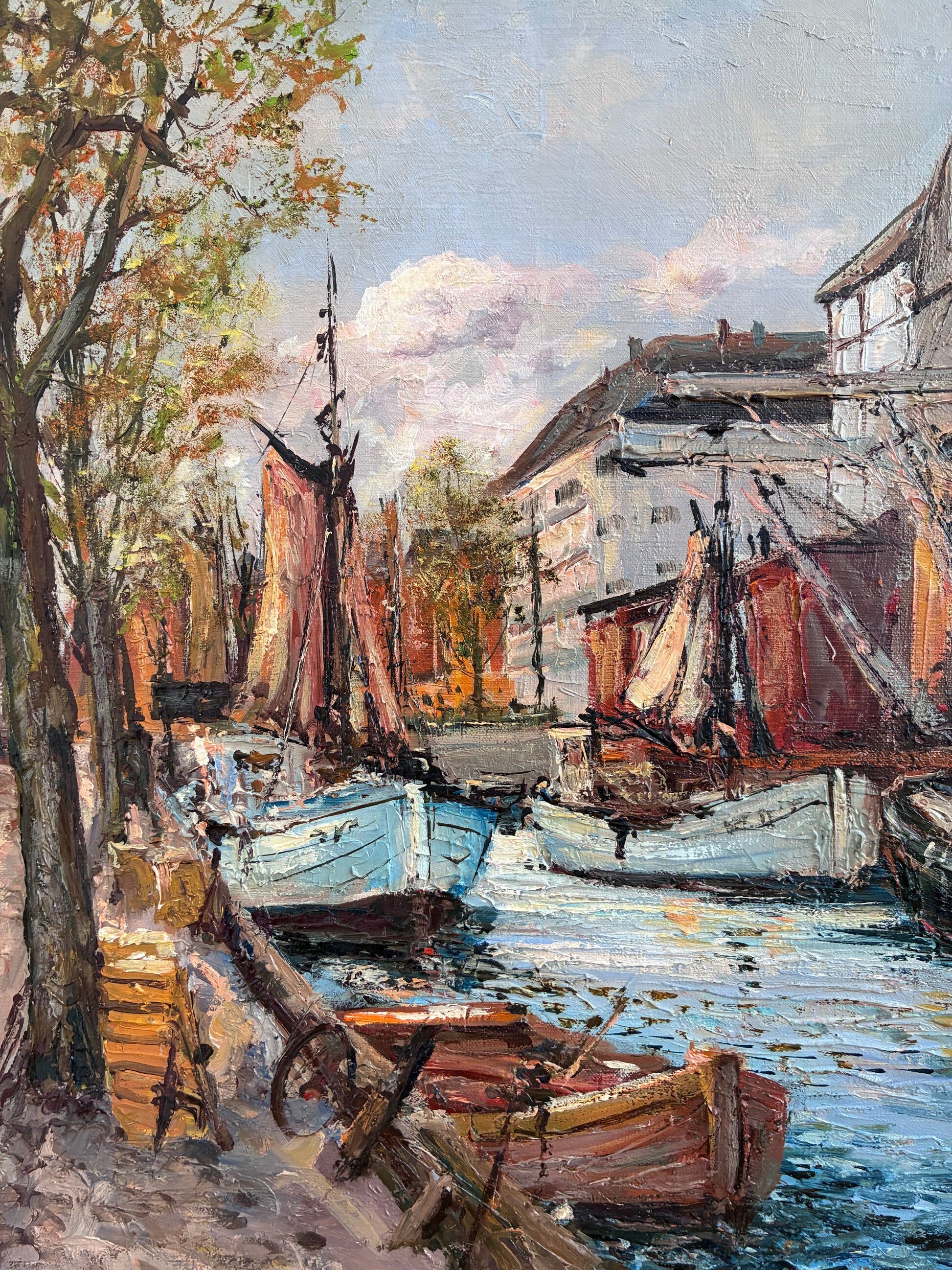 Vintage original oil painting of a canal cityscape, circa 1970s