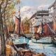 Vintage original oil painting of a canal cityscape, circa 1970s