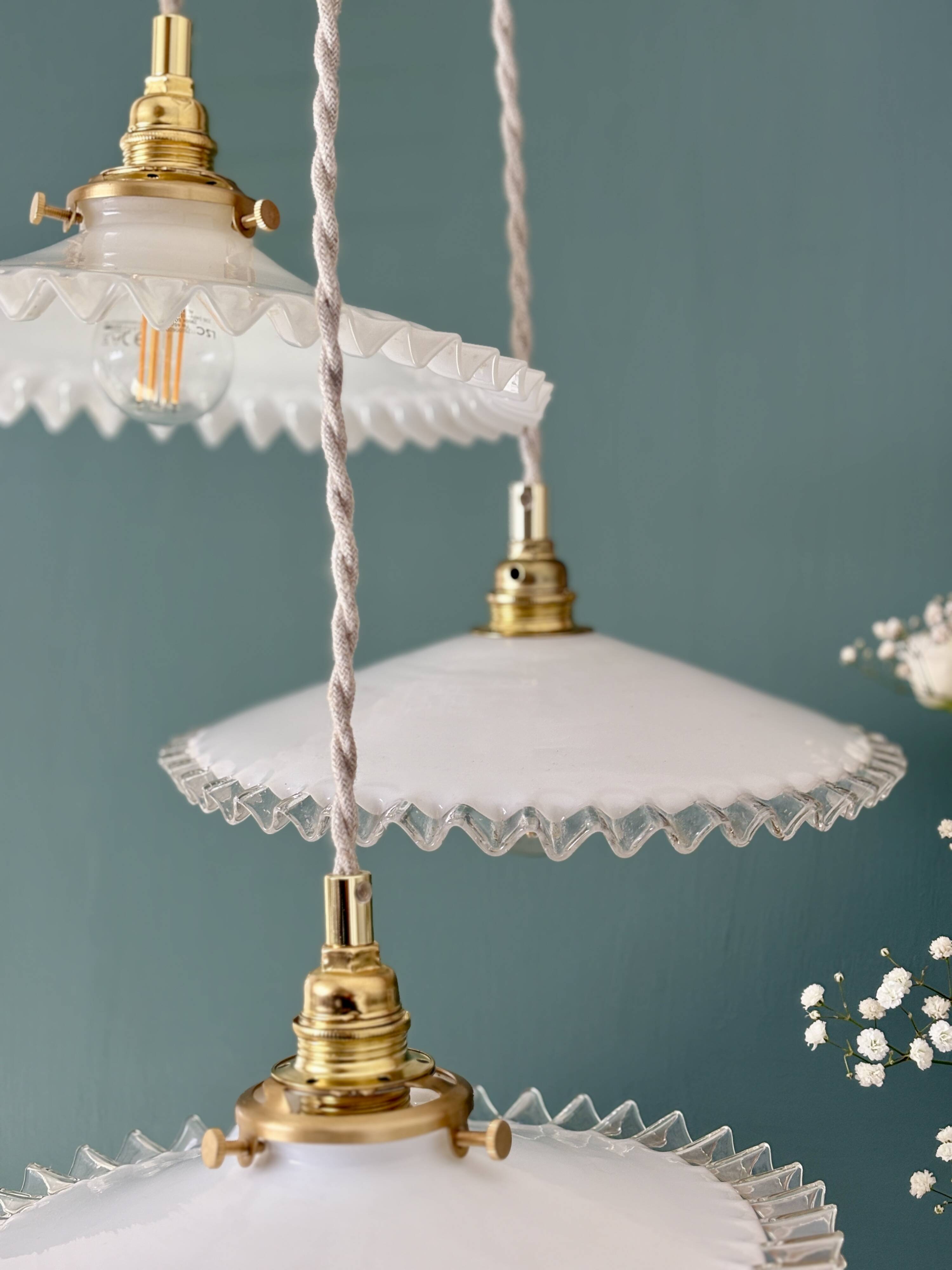 Vintage triple pendant lamp in white opaline