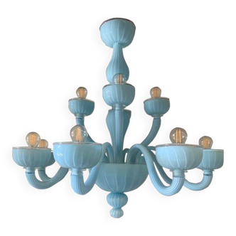 Contemporary matte light-blue murano style glass chandelier