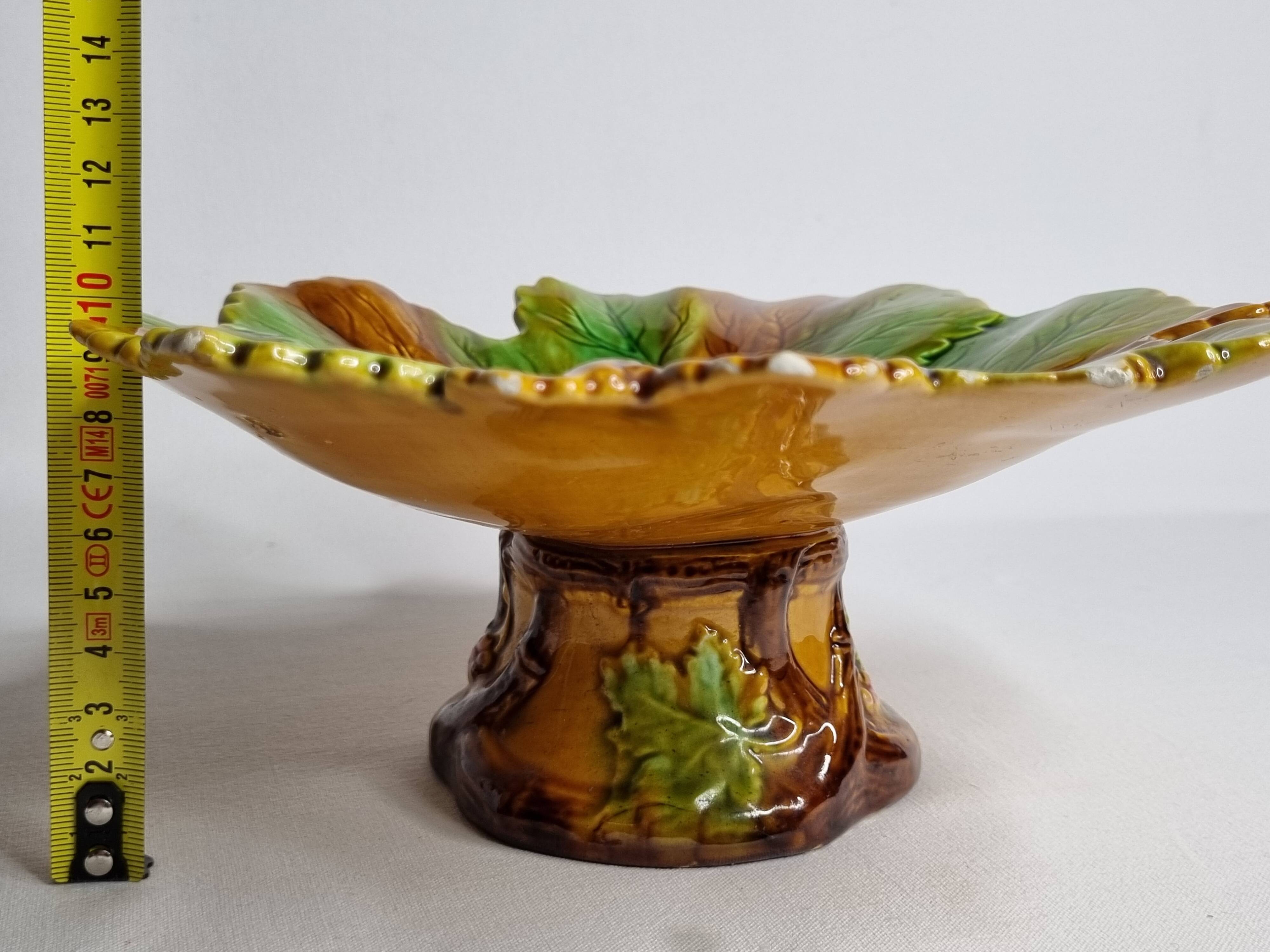 Old Villeroy and Boch compotier, decorated with green and ocher vine leaves, 1900