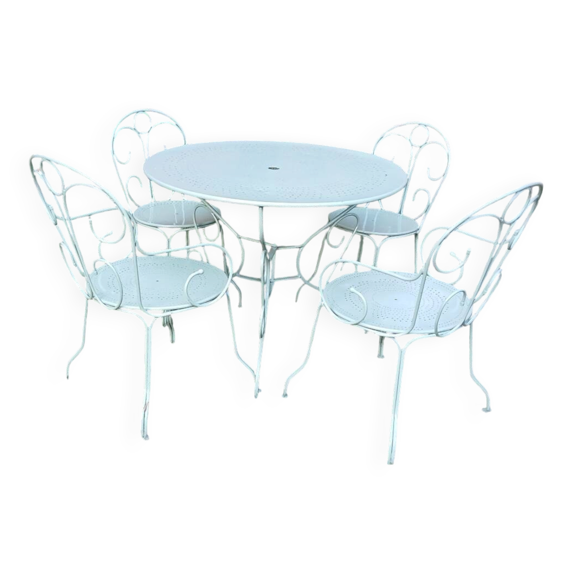 Garden furniture set with 1 table, 2 armchairs, and 2 chairs in antique green wrought iron.