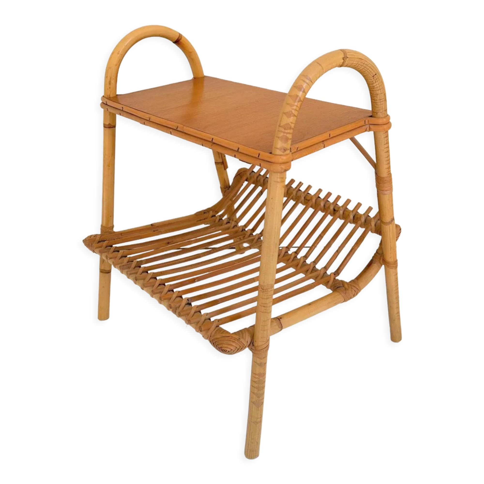 Magazine rack with vintage rattan top