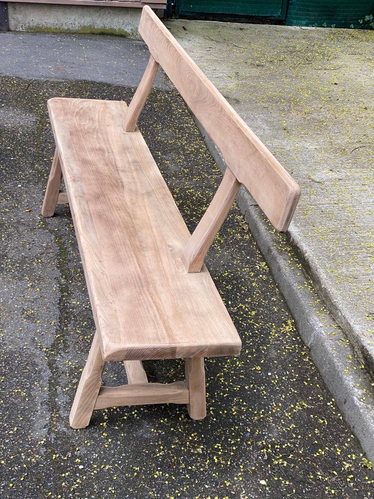 Renovated vintage farmhouse bench with a backrest in solid oak from the 20th century, 180cm.