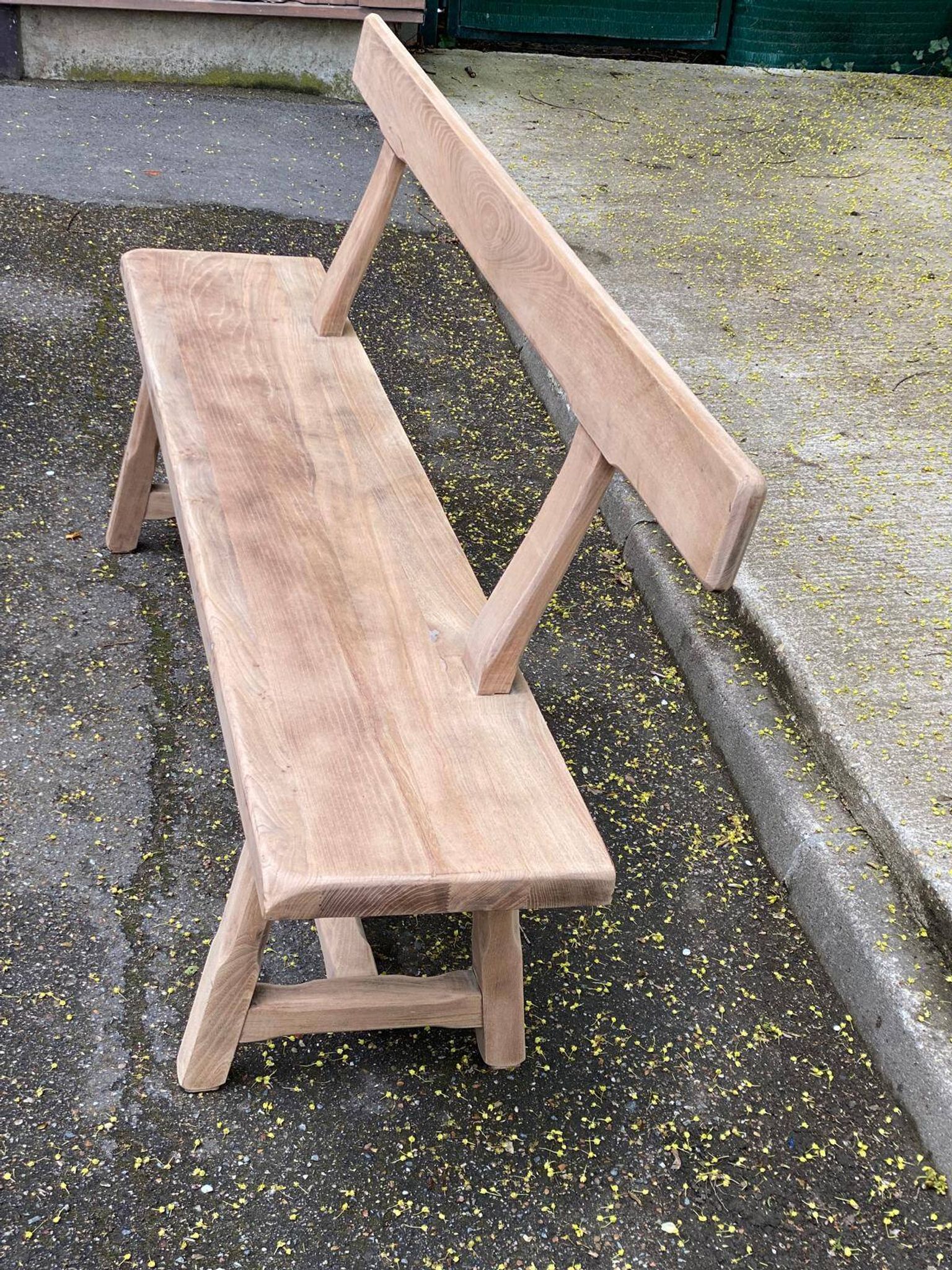 Renovated vintage farmhouse bench with a solid oak back from the 20th century, 180cm.