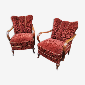 Paire de fauteuils année 50 tissu bordeaux