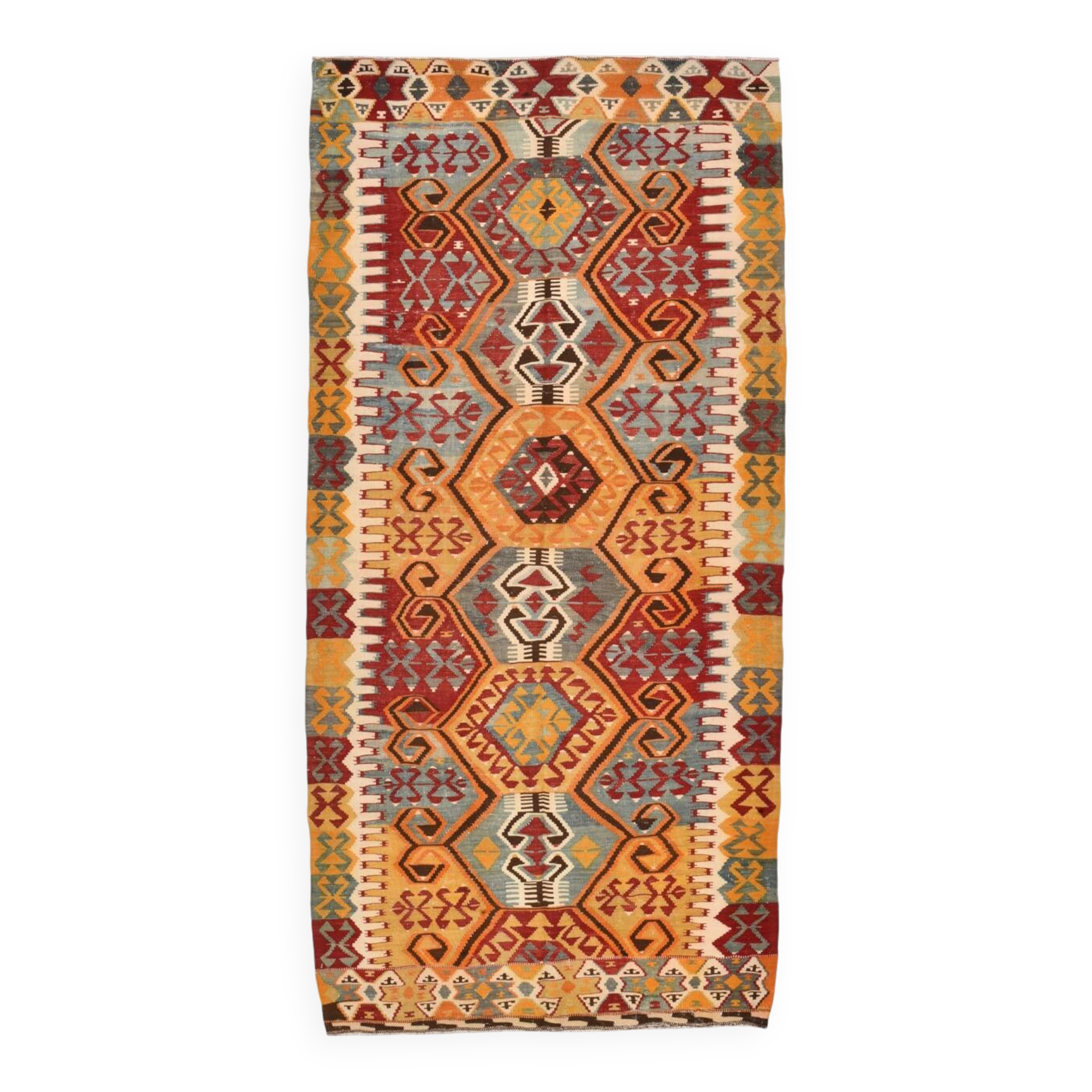 5x10 Red & Orange Geometric Vintage Kilim Rug,142x302Cm