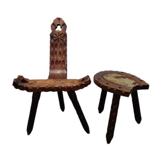 Vintage Spanish Wooden Chair and Stool from the 1970s