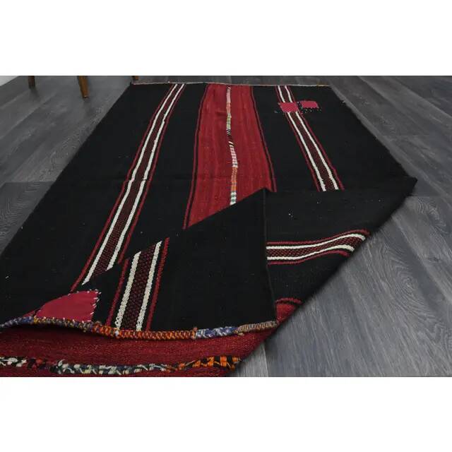1970s Turkish Hand-Knotted Wool Cotton Black Kilim Runner Rug 118x238