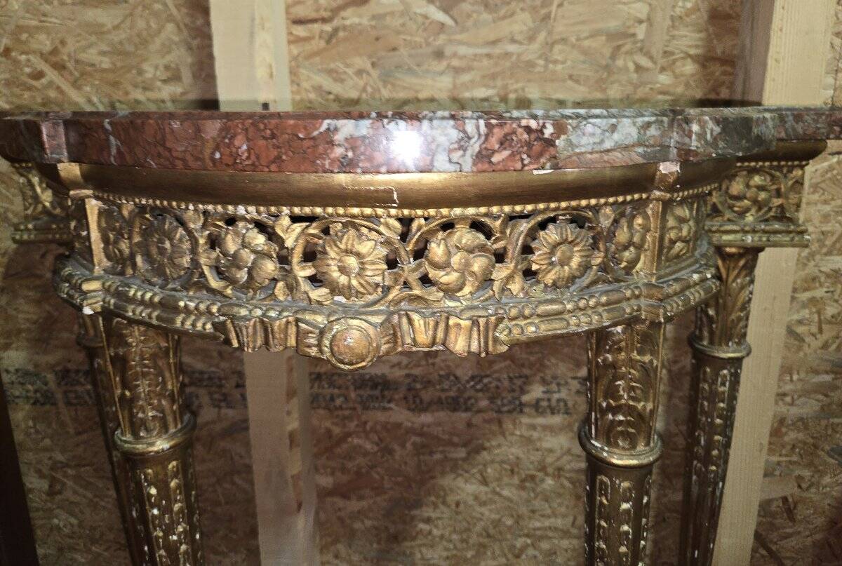 Louis XVI style demi-lune console – carved wood and marble top