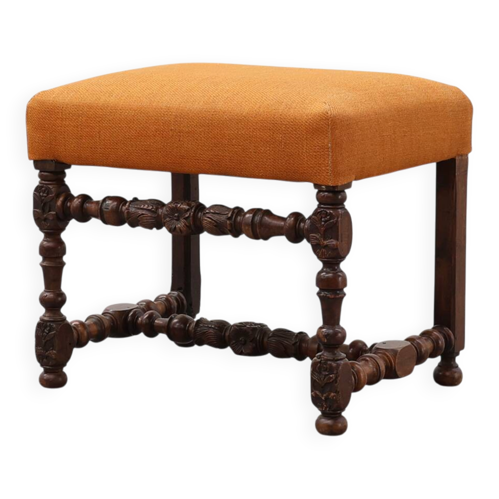 Louis XIII walnut stool with carved turned stretchers and upholstered seat