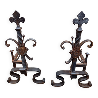 Paire de chenets motif fleur de lys