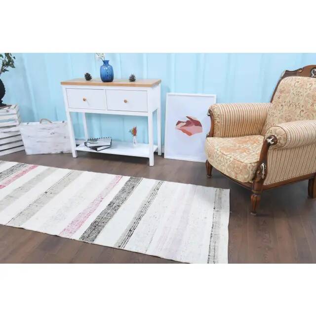 Vintage Turkish hand-knotted wool cotton white kilim runner rug  95x265