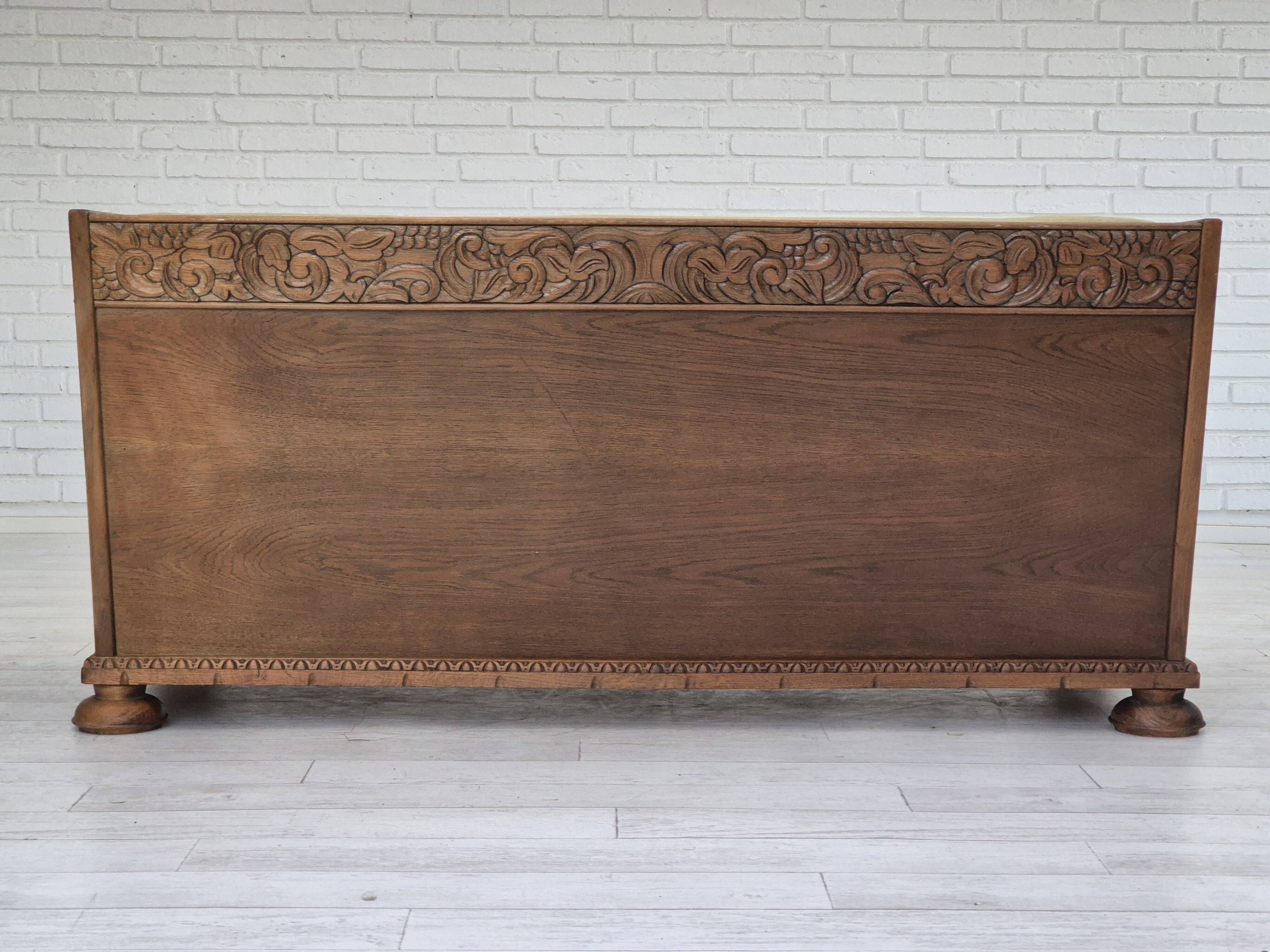 1950s, Danish curved sofa, furniture velour, oak wood.