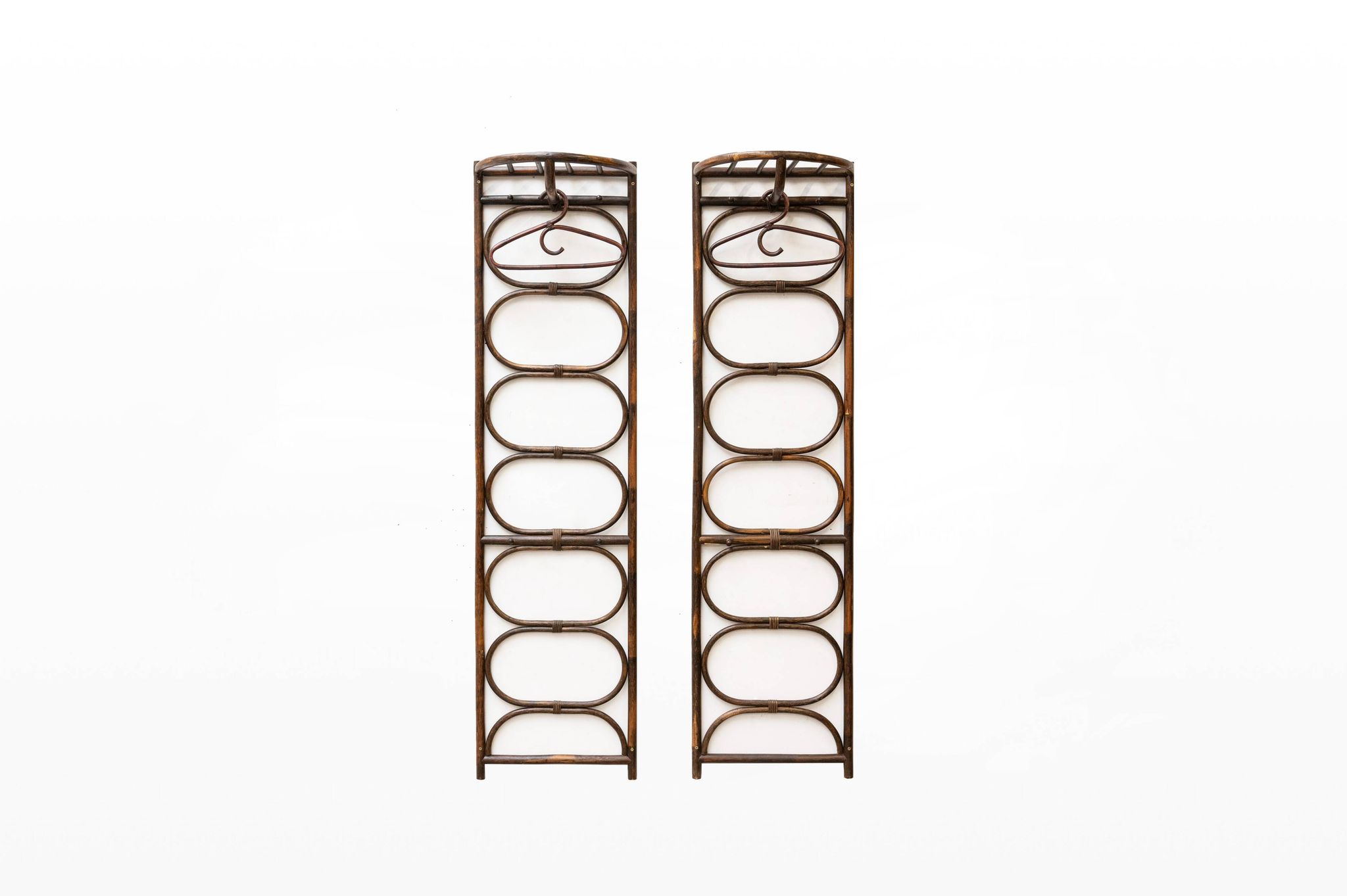 Set of two vintage coat racks in bamboo and rattan