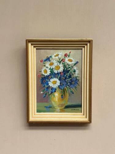 Mid-Century Oil on Panel “ Vase” by Sascher, Signed, Vintage & Framed 17 × 22cm