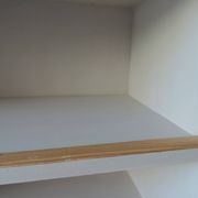 Vintage oak veneer bookcase, pearl gray interior, metal legs