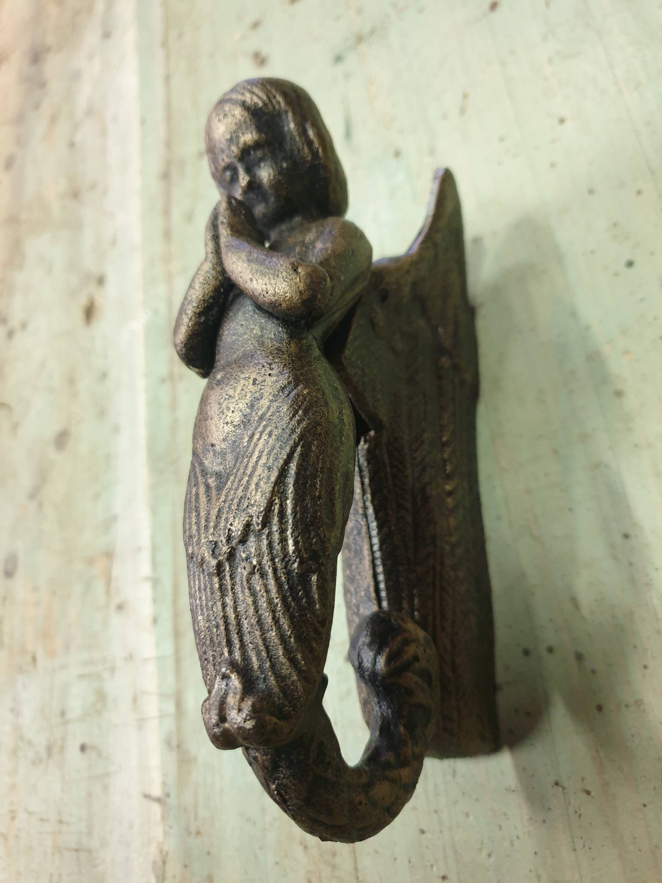 Small bronze-colored cast iron mermaid or cherub door knocker - 20th century