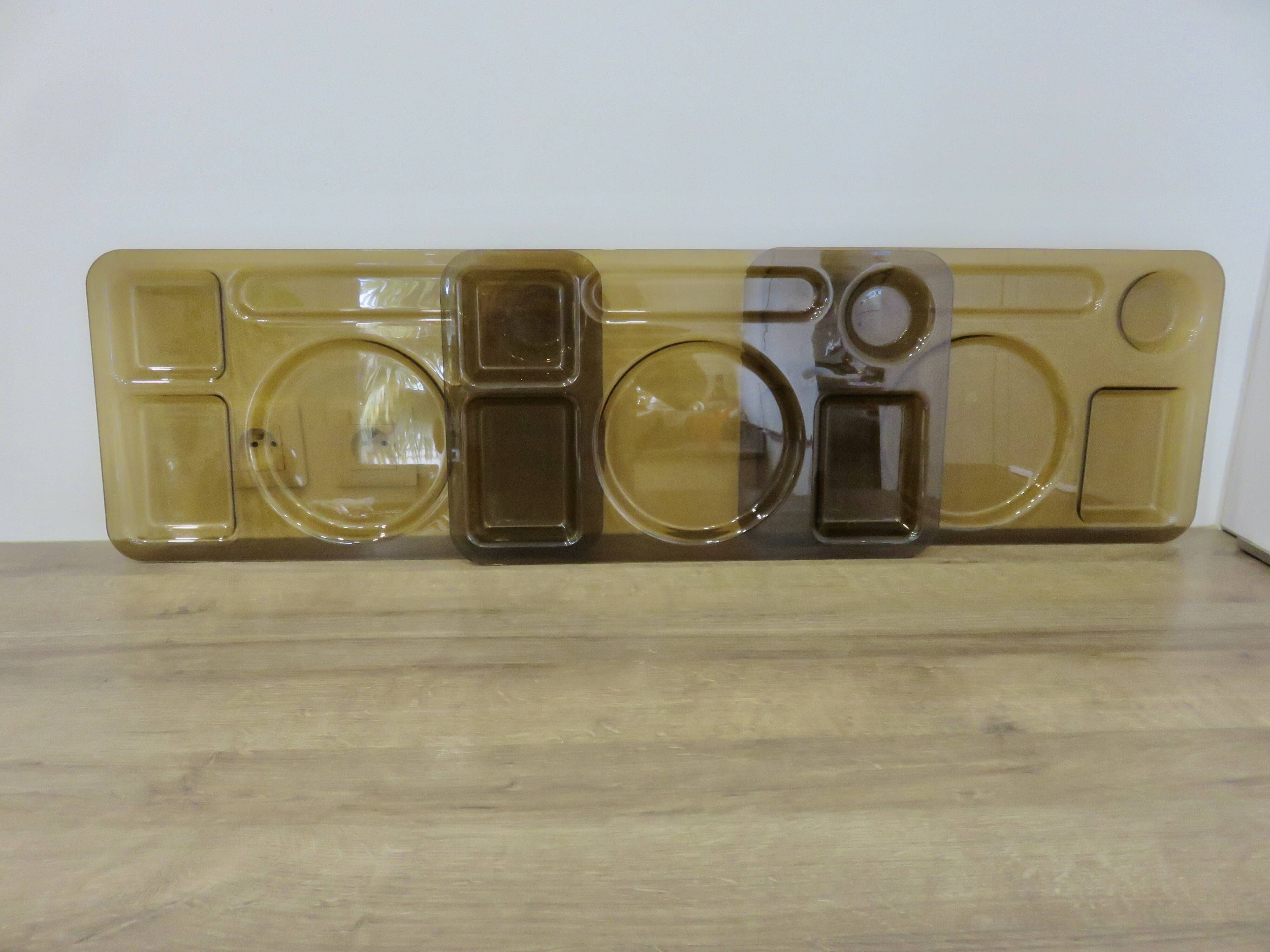 Set of 3 Guzzini trays, in smoked transparent ABS, 1970, Italy, vintage
