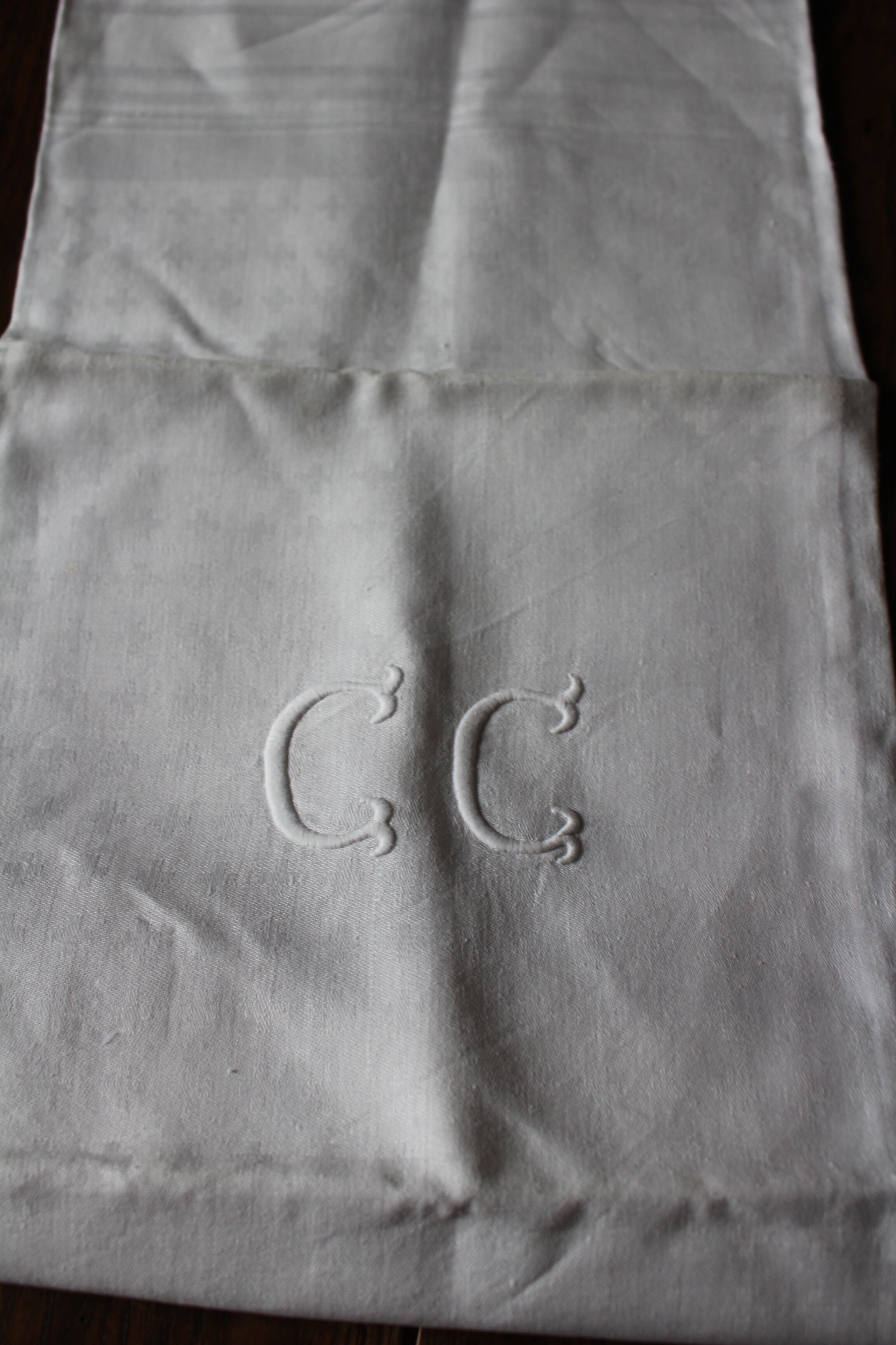Pair Antique damask napkins white Monograms C C