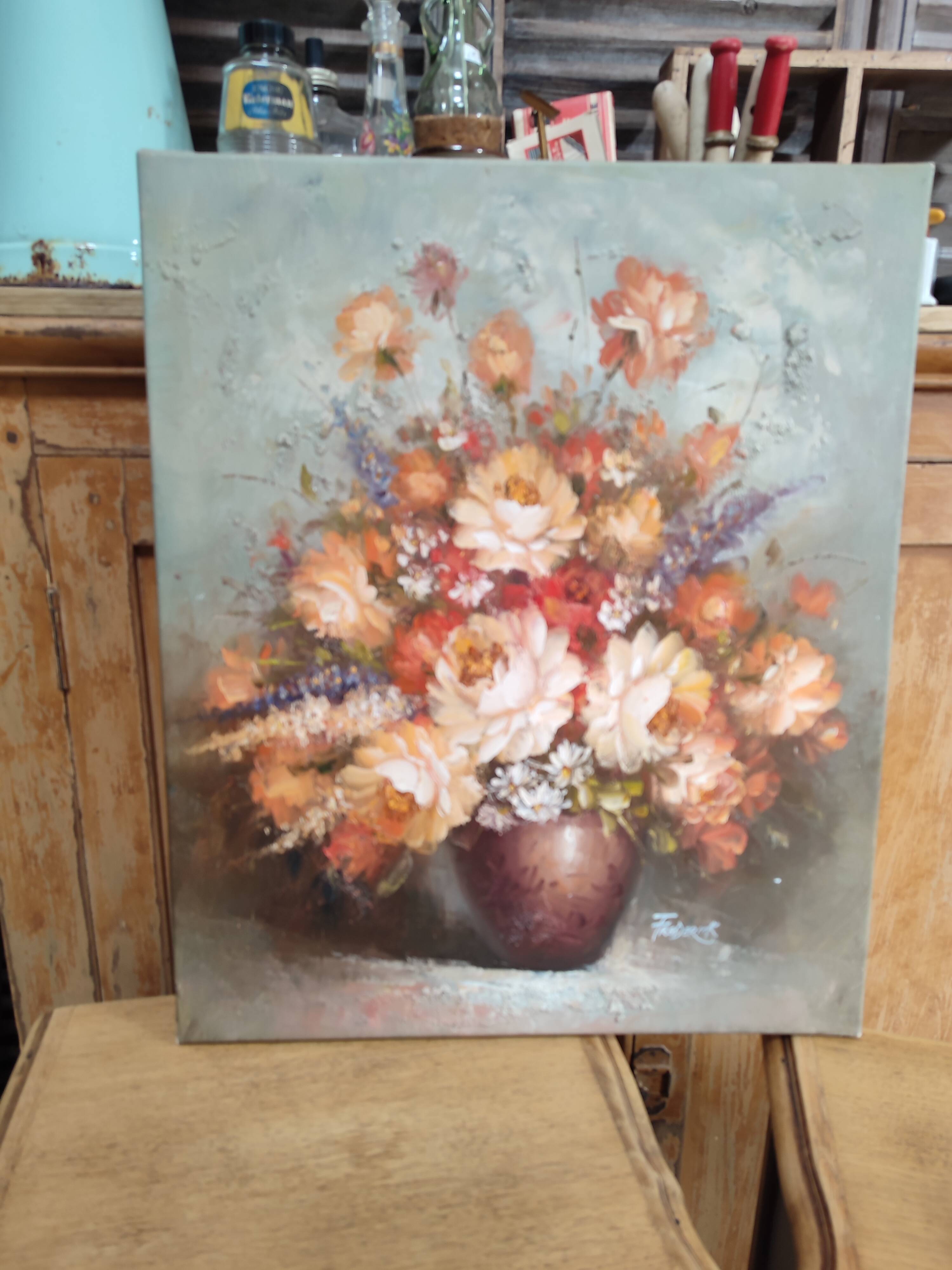 Bouquet de fleurs : Tableau ancien huile sur toile