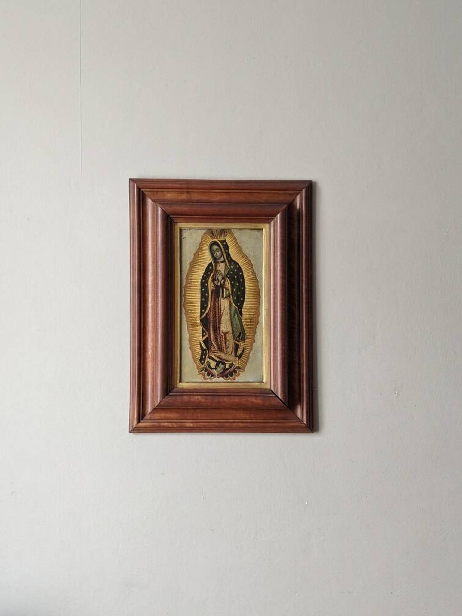 Religious tableau of the Virgin, painting on metal with a handcrafted wooden frame.