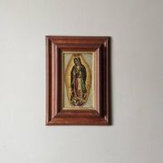 Religious tableau of the Virgin, painting on metal with a handcrafted wooden frame.