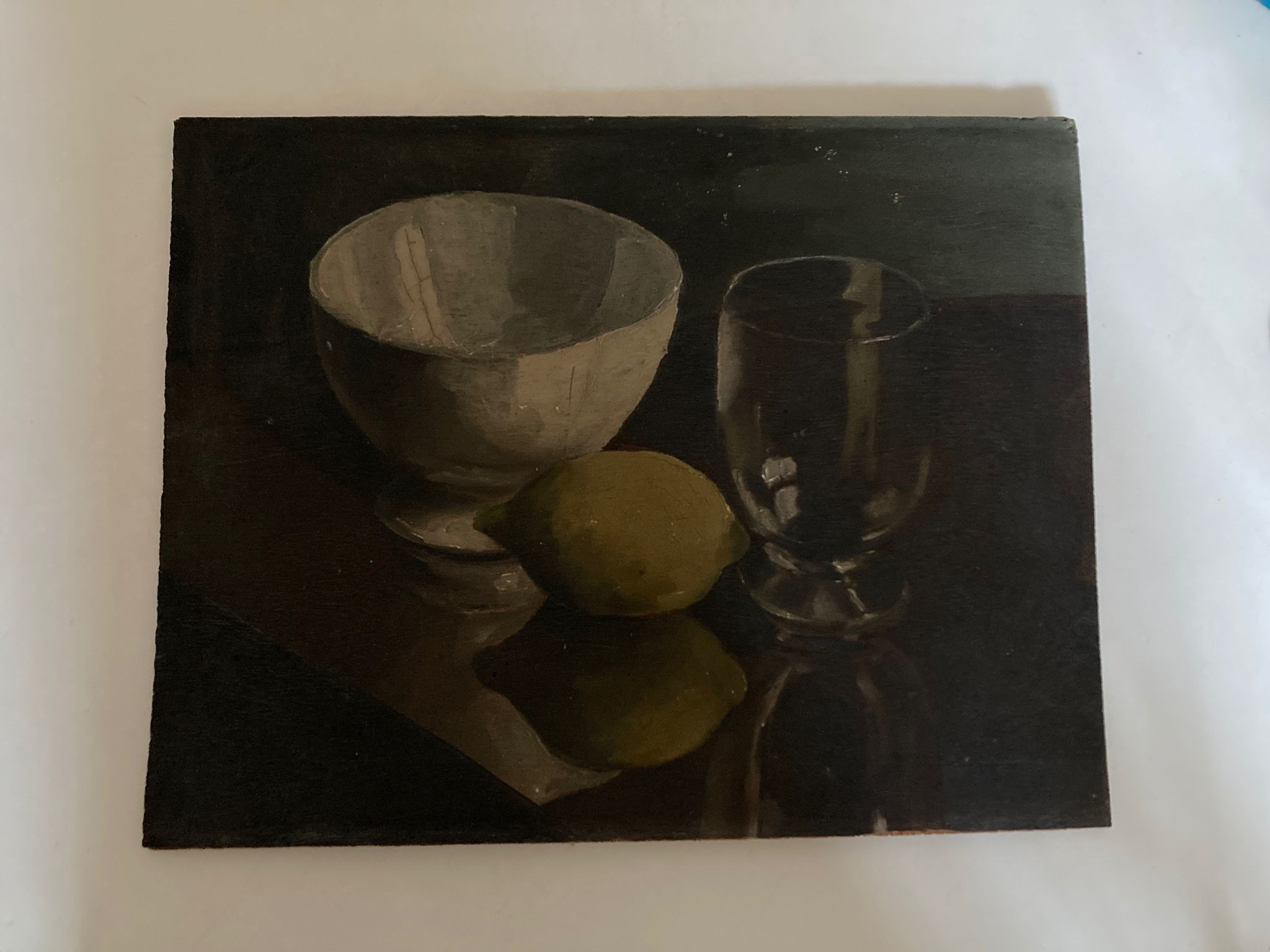 Oil on wood still life with glass bowl and lemon chiaroscuro 1960