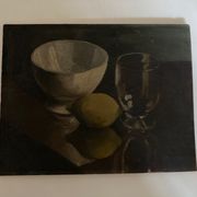 Oil on wood still life with glass bowl and lemon chiaroscuro 1960