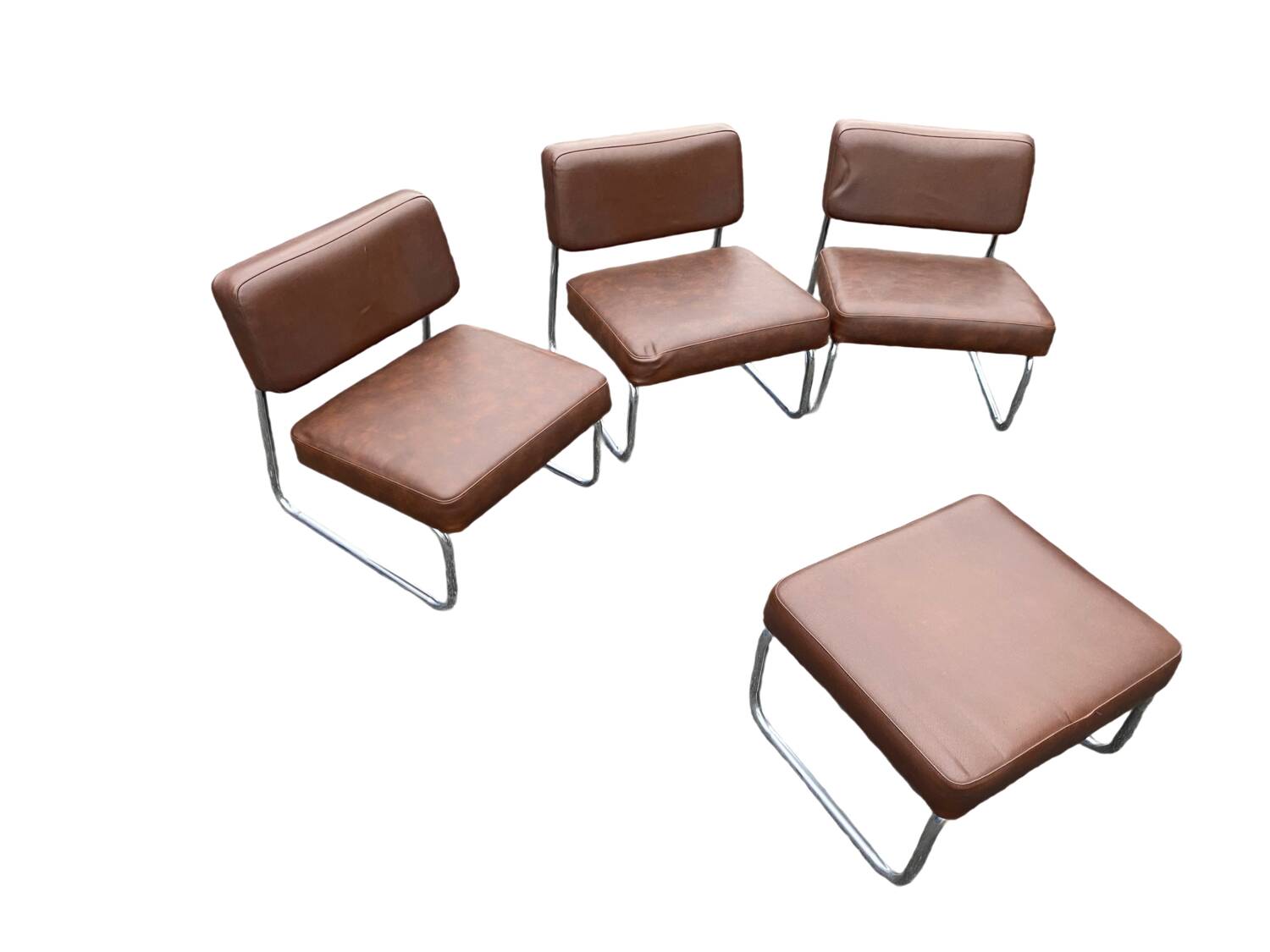 Set of 3 vintage 70s armchairs + pouffe – Brown faux leather