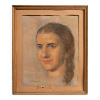 Portrait par Stassera dessin sur papier jeune fille début XXe