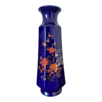 Vase bleu fleurs oranges et vertes