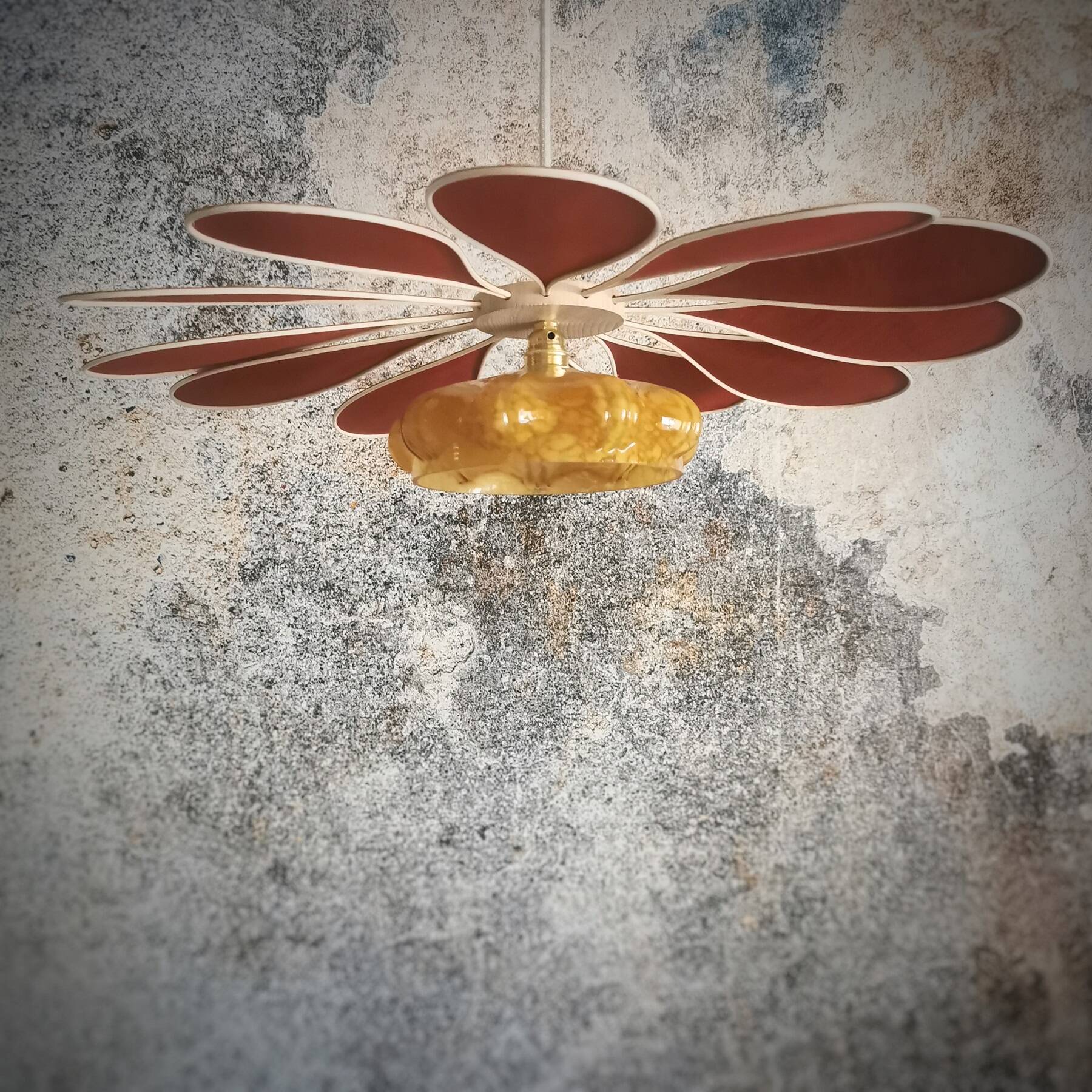 Rattan and terracotta linen pendant light and vintage amber globe