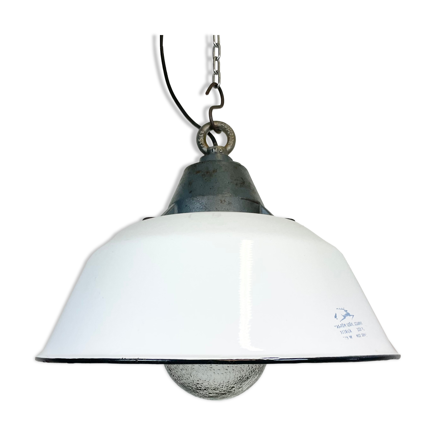 White Enamel and Cast Iron Industrial Pendant Light with Glass Cover, 1960s