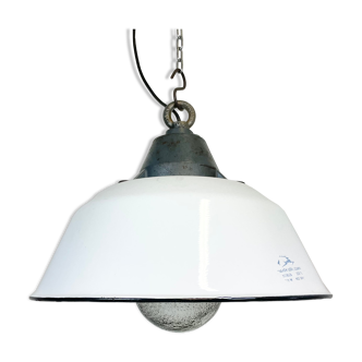 White Enamel and Cast Iron Industrial Pendant Light with Glass Cover, 1960s