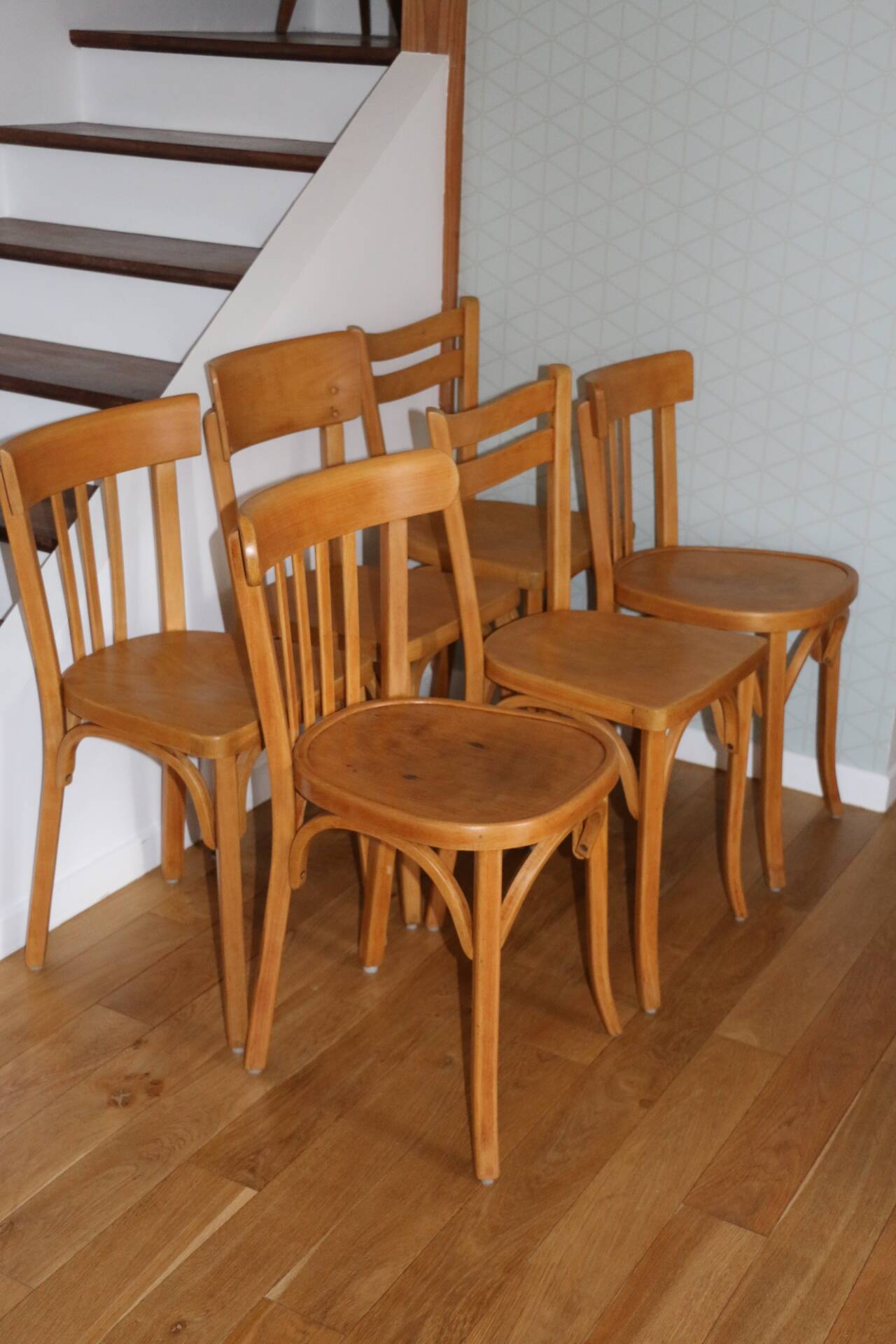 Set of 6 Baumann chairs, light beech, 1960