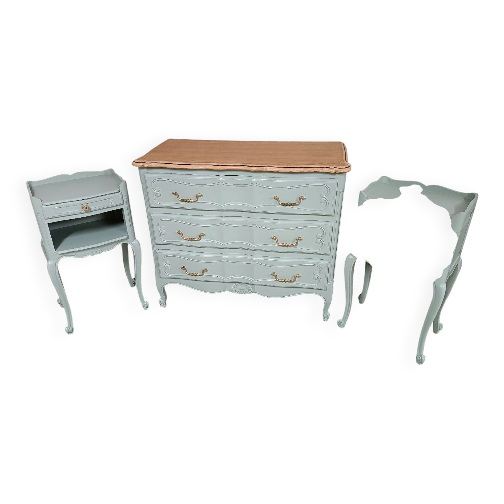Louis XV style chest of drawers and bedside tables.