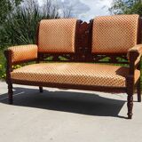 Vintage bench in wood and orange/ivory velvet.