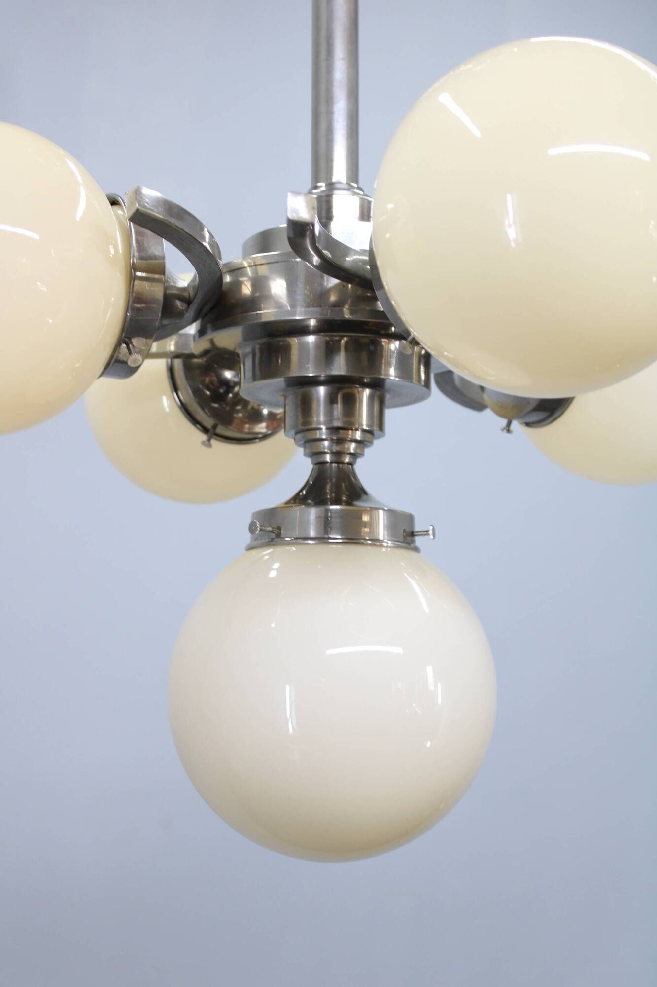 Czechoslovak Art Deco nickel chandelier with five opaline glass globes