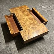 designer coffee table in elm burl with integrated drawers, Roche Bobois 1970