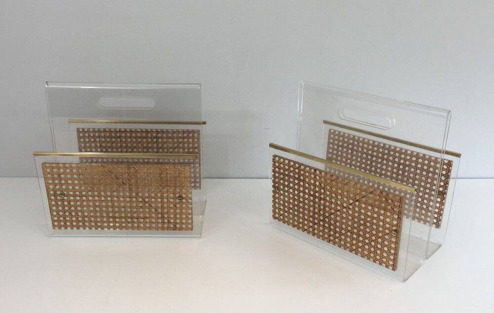 Pair of magazine racks in plexiglass, brass and inlaid caning in the style of Christian Dior and Gabriella Crespi
