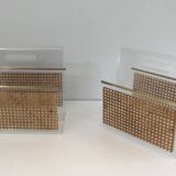 Pair of magazine racks in plexiglass, brass and inlaid caning in the style of Christian Dior and Gabriella Crespi