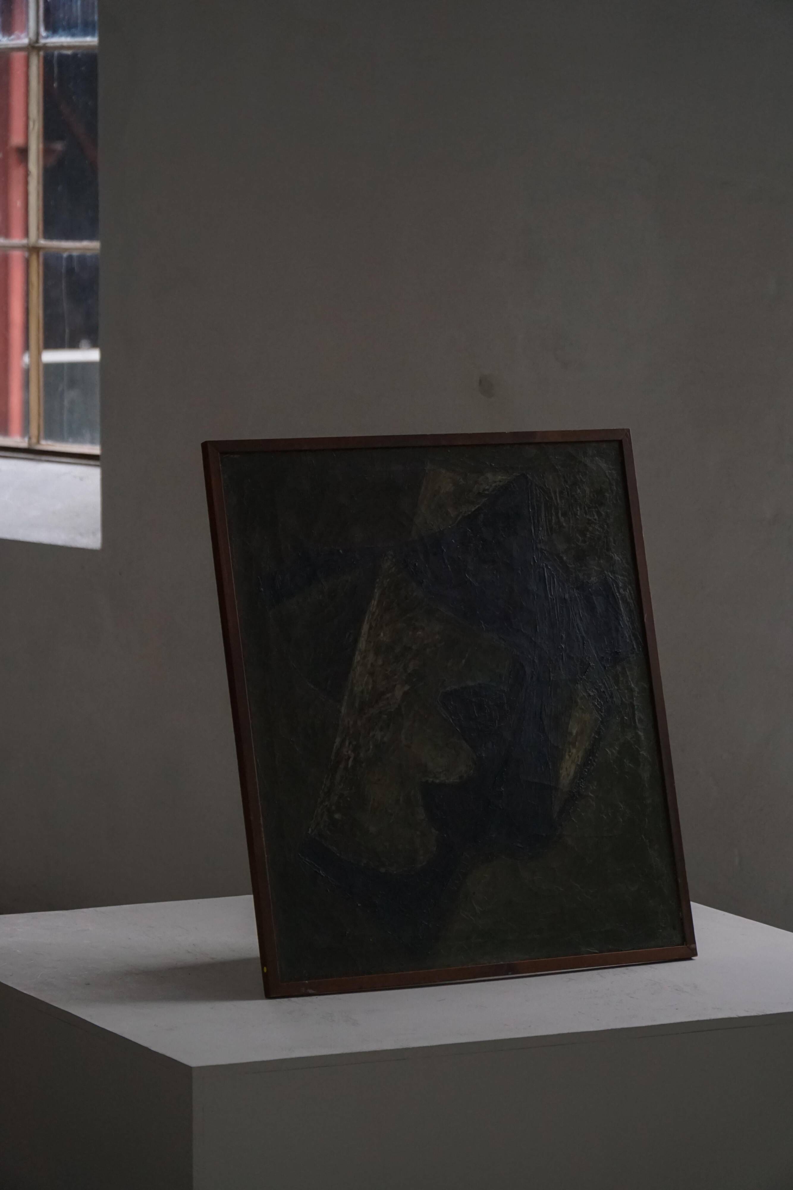 Mid-century pastel oil abstract painting, Danish artist, patinated wooden frame.