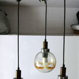 1970s teak, chrome metal and glass 3-globe pendant chandelier