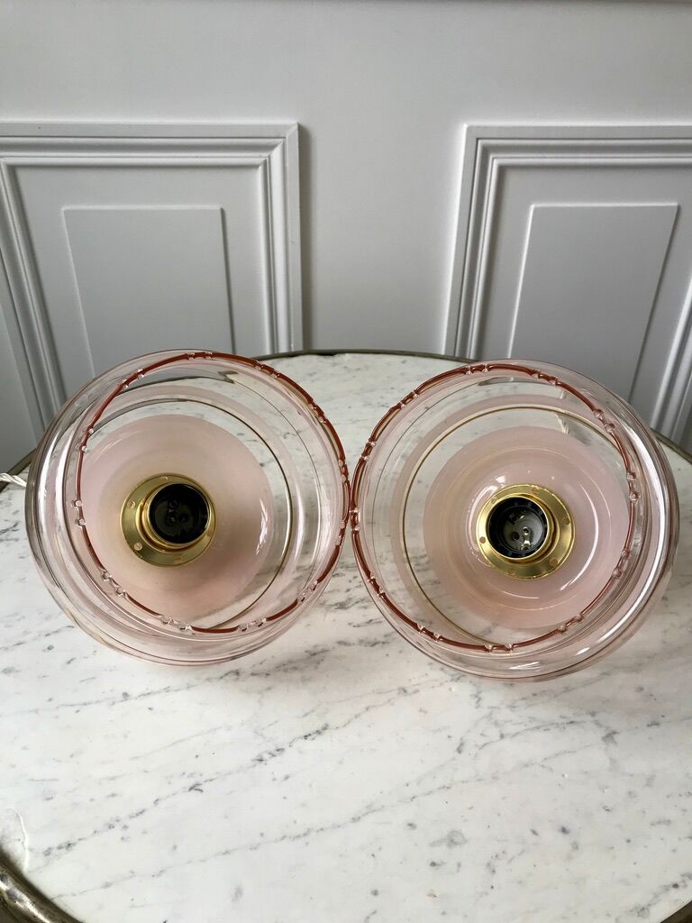 Pair of suspensions in pink glass and golden edging 50s-60s