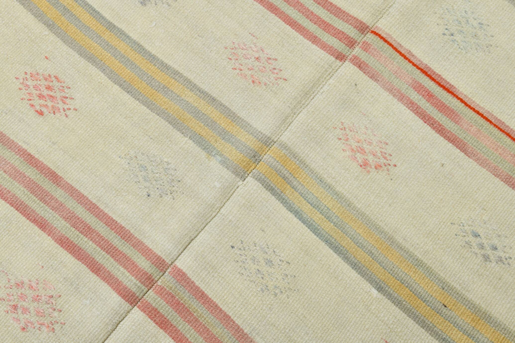 4x4 Cream Pale Red Square Vintage Kilim Rug, 136x142Cm