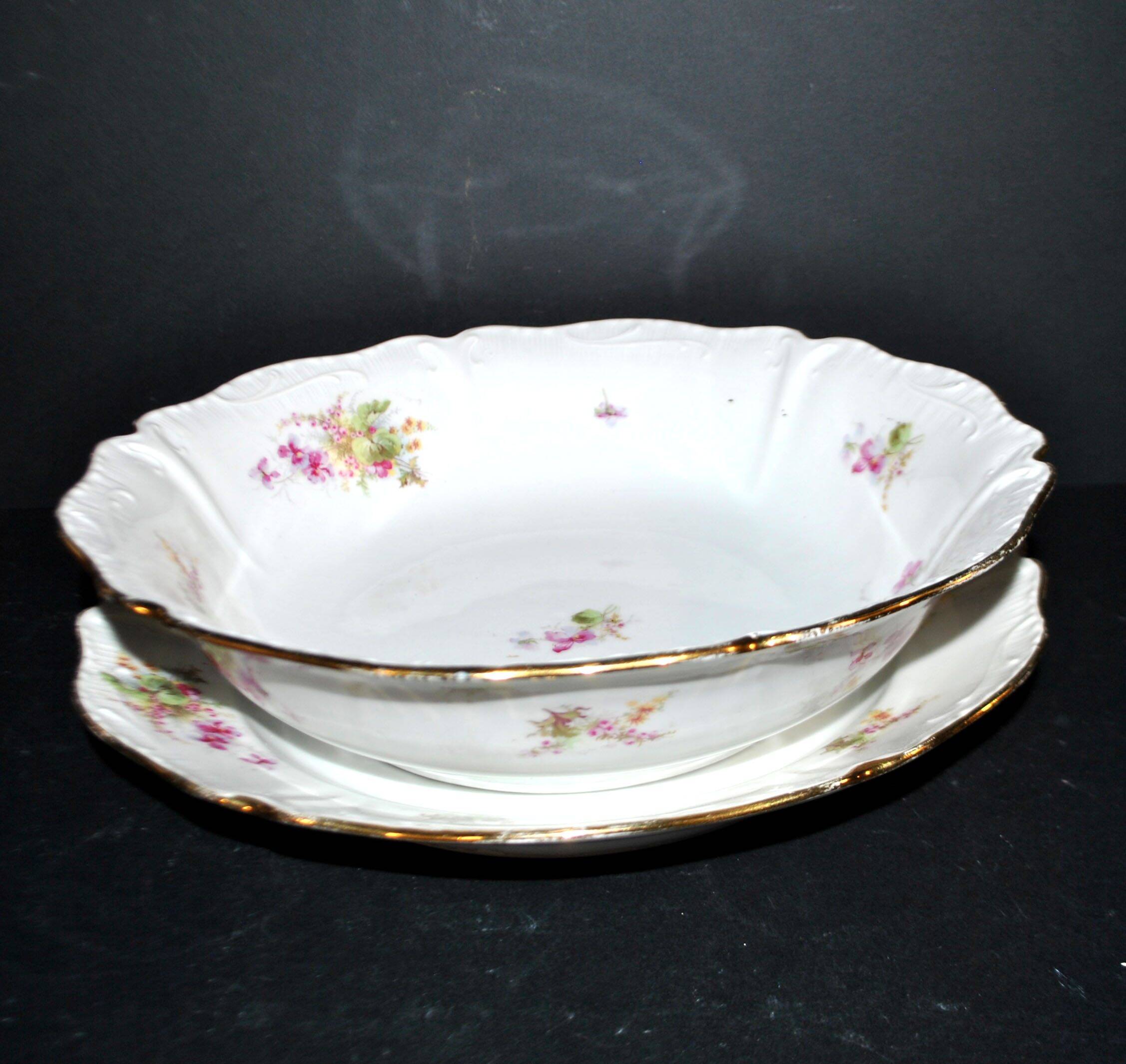 Vintage floral porcelain salad bowl with gilding + matching round plate