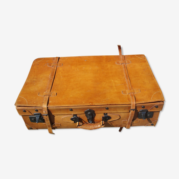 Ancienne valise de qualité en cuir marron des années 60