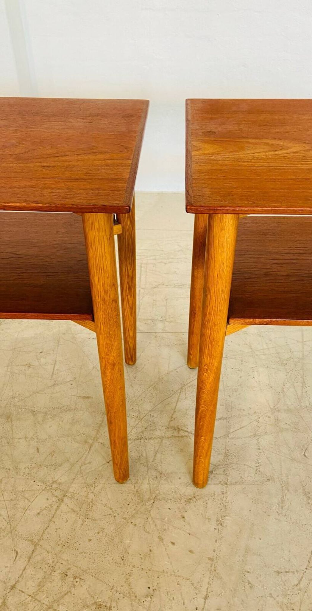 Vintage Danish mid-century teak and oak bedside tables by Næstved Møbelfabrik