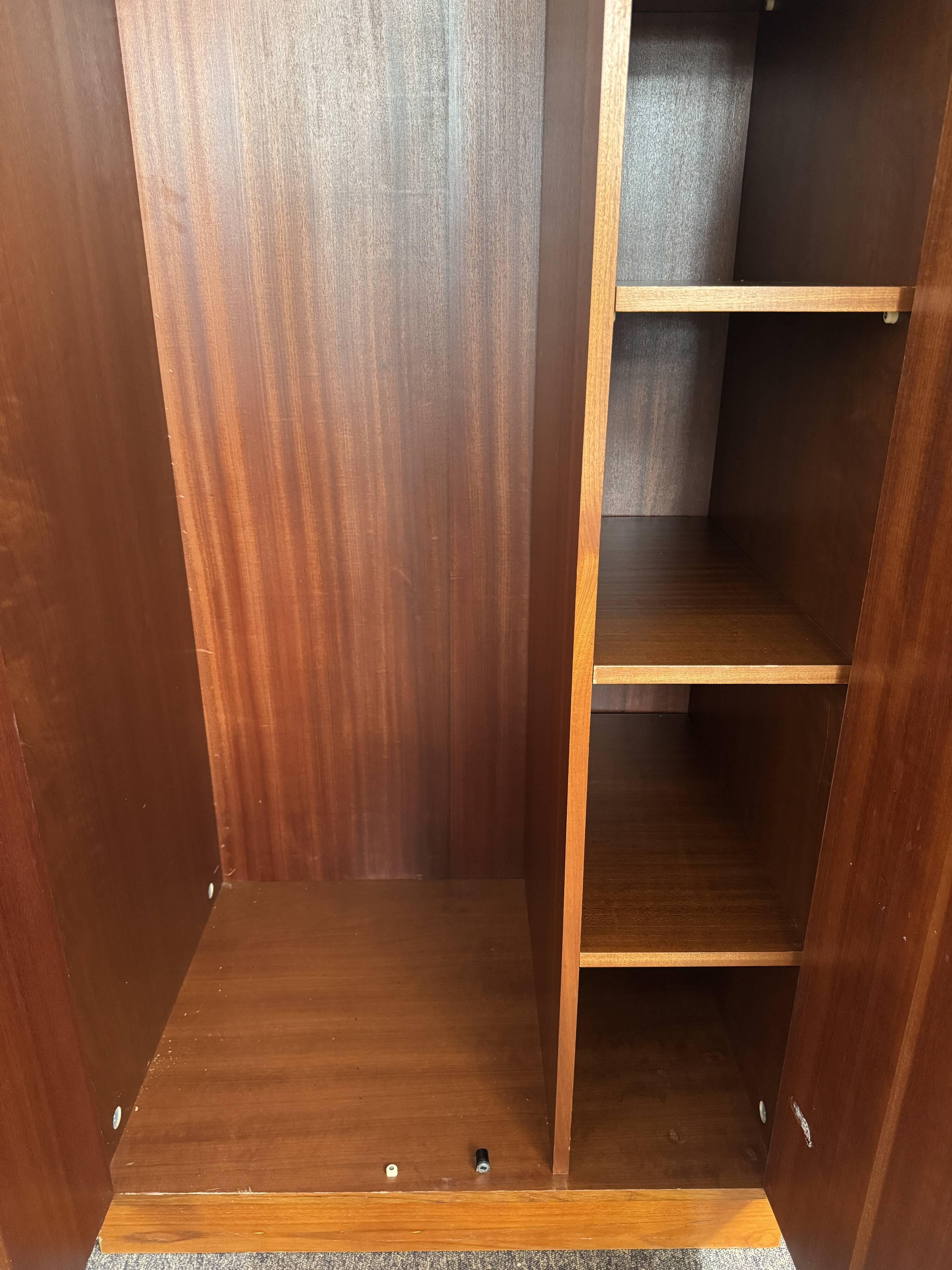 Teak 2-door wardrobe — hanging space + shelves — 1960s/70s